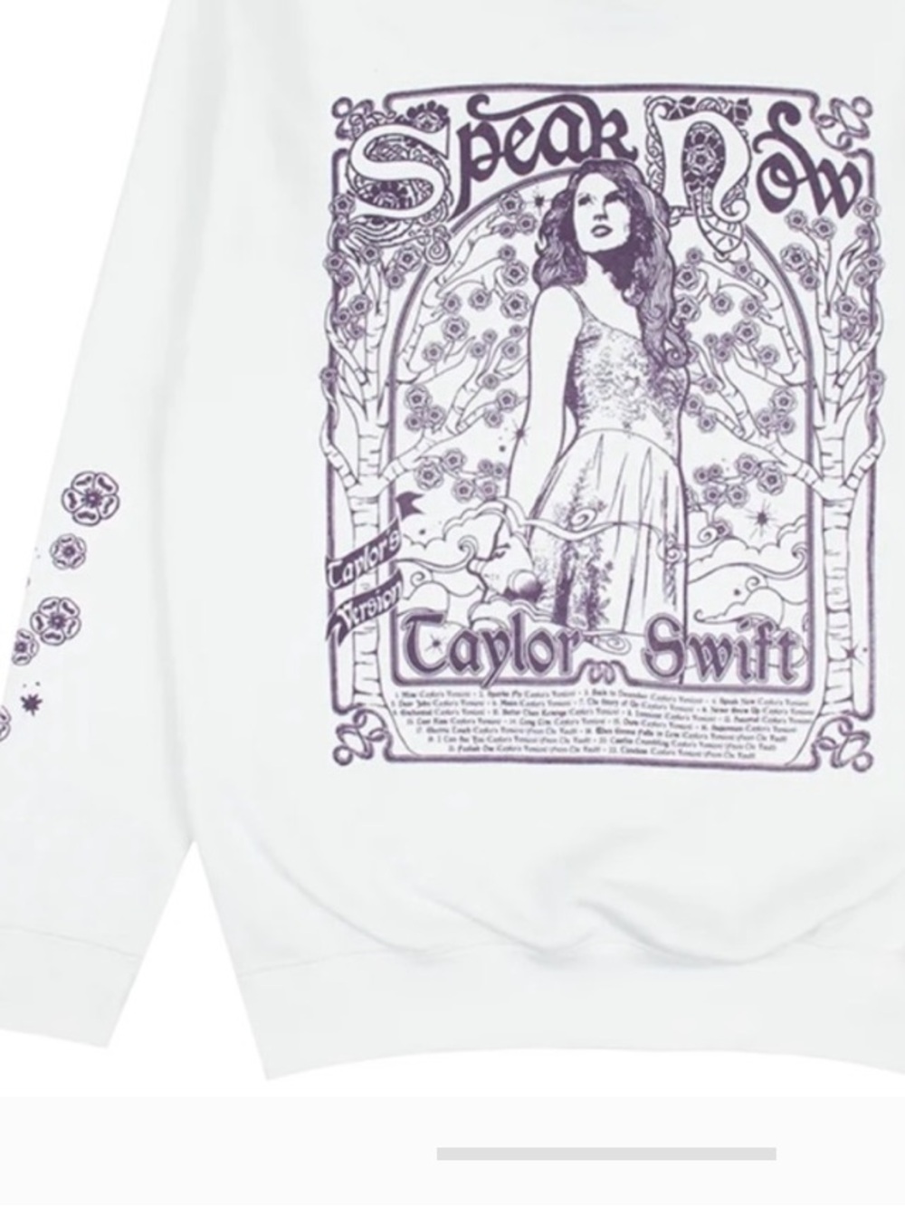 Taylor Swift White Crewneck Sweatshirt with Purple Speak Now Artwork